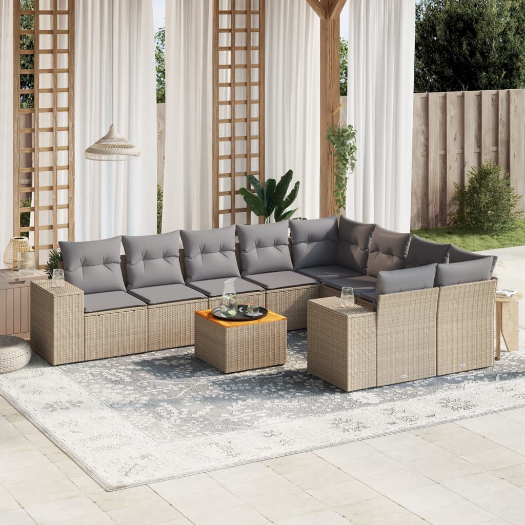 vidaXL 10-tlg. Garten-Sofagarnitur mit Kissen Beige Poly Rattan