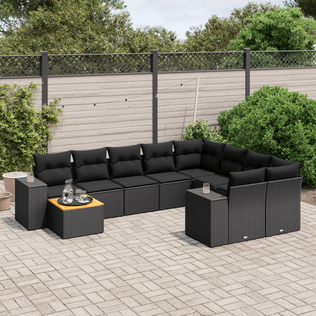 vidaXL 10-tlg. Garten-Sofagarnitur mit Kissen Schwarz Poly Rattan