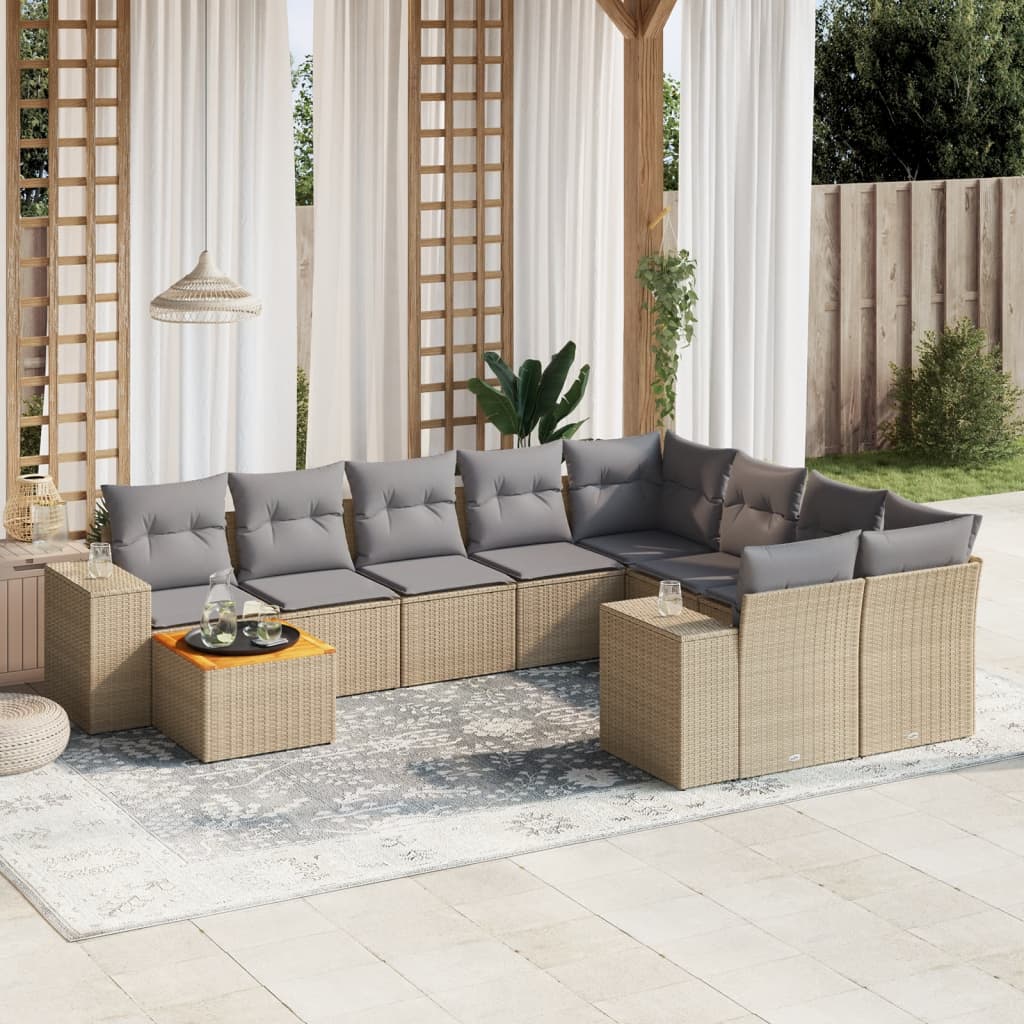 vidaXL 10-tlg. Garten-Sofagarnitur mit Kissen Beige Poly Rattan