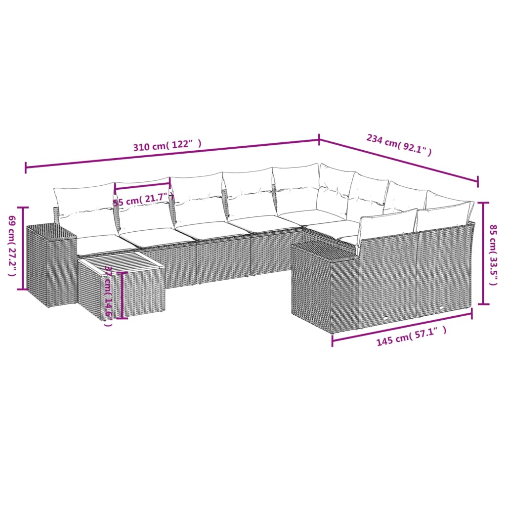 vidaXL 10-delige Loungeset met kussens poly rattan grijs afbeelding