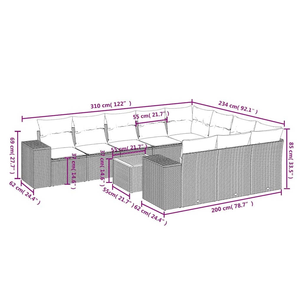 Set canapele de grădină cu perne, 11 piese, negru, poliratan 3257952 - imagine 3