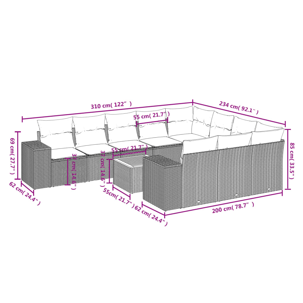 Set canapele de grădină cu perne, 11 piese, negru, poliratan 3257953 - imagine 3