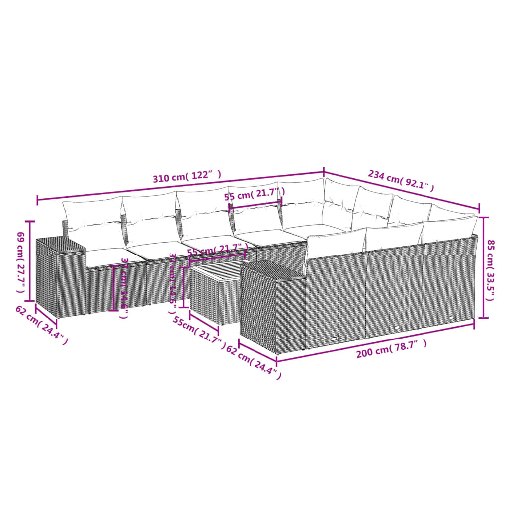 Set canapele de grădină cu perne, 11 piese, bej, poliratan 3257956 - imagine 3