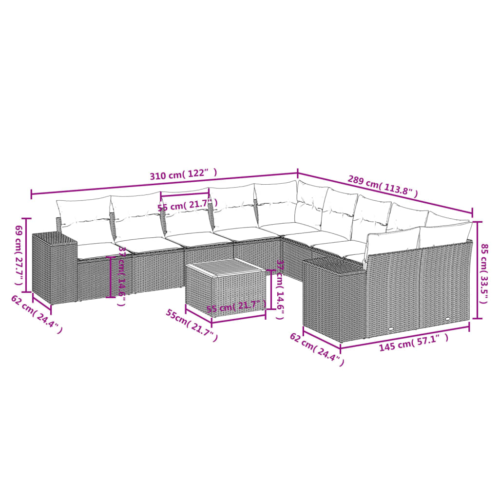 Set canapele de grădină cu perne, 11 piese, negru, poliratan 3257966 - imagine 3
