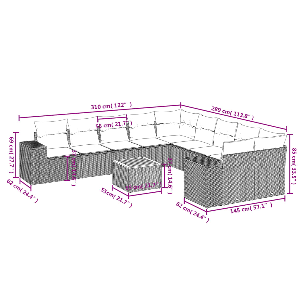 Set canapele de grădină cu perne, 11 piese, negru, poliratan 3257967 - imagine 3