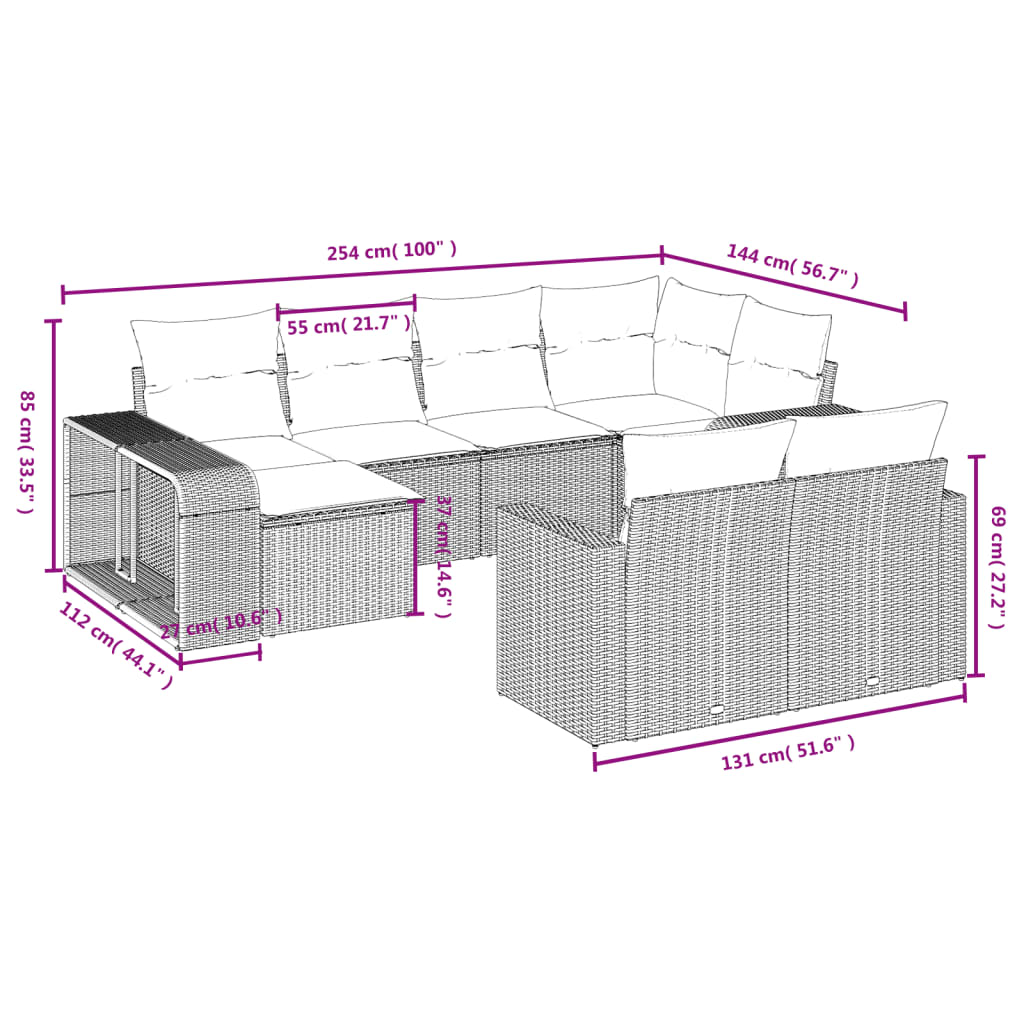 vidaXL 10-delige Loungeset met kussens poly rattan bruin afbeelding