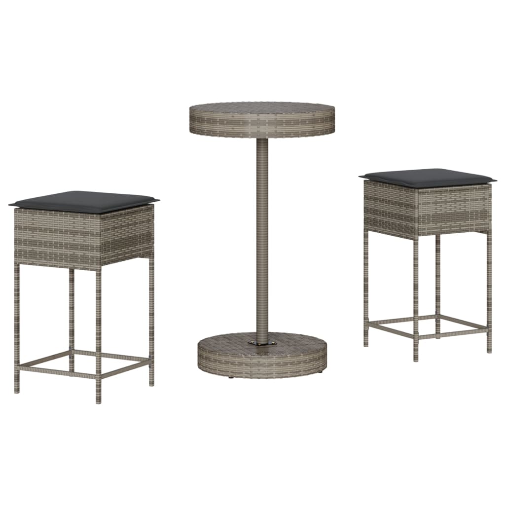 vidaXL Set mobilier bar de grădină, cu perne, 3 piese, gri, poliratan