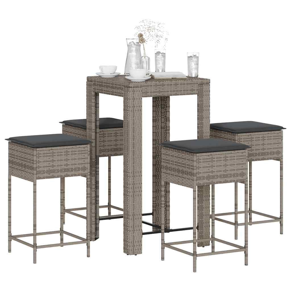vidaXL Set mobilier bar de grădină, cu perne, 5 piese, gri, poliratan