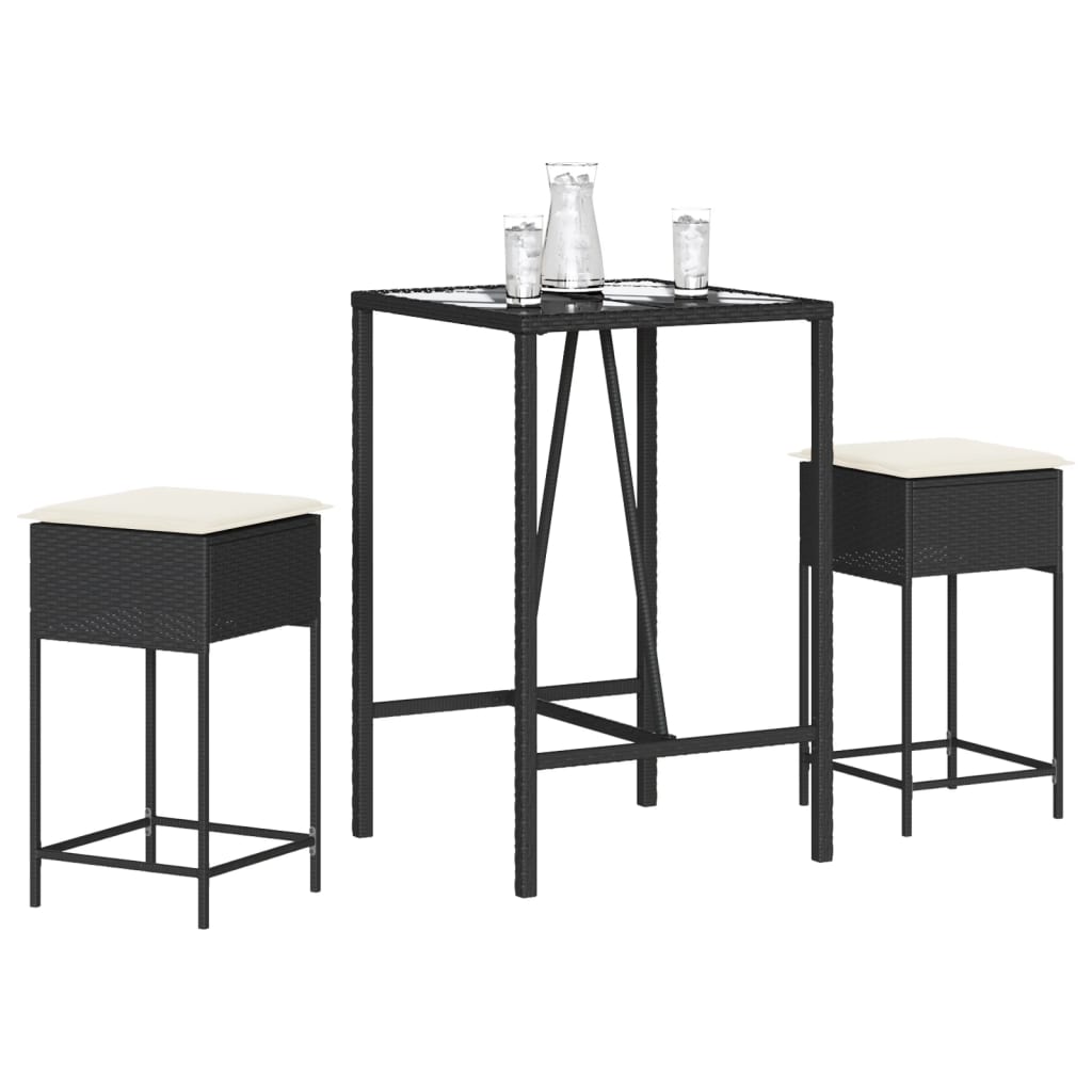 vidaXL Set mobilier bar de grădină cu perne, 3 piese, negru, poliratan