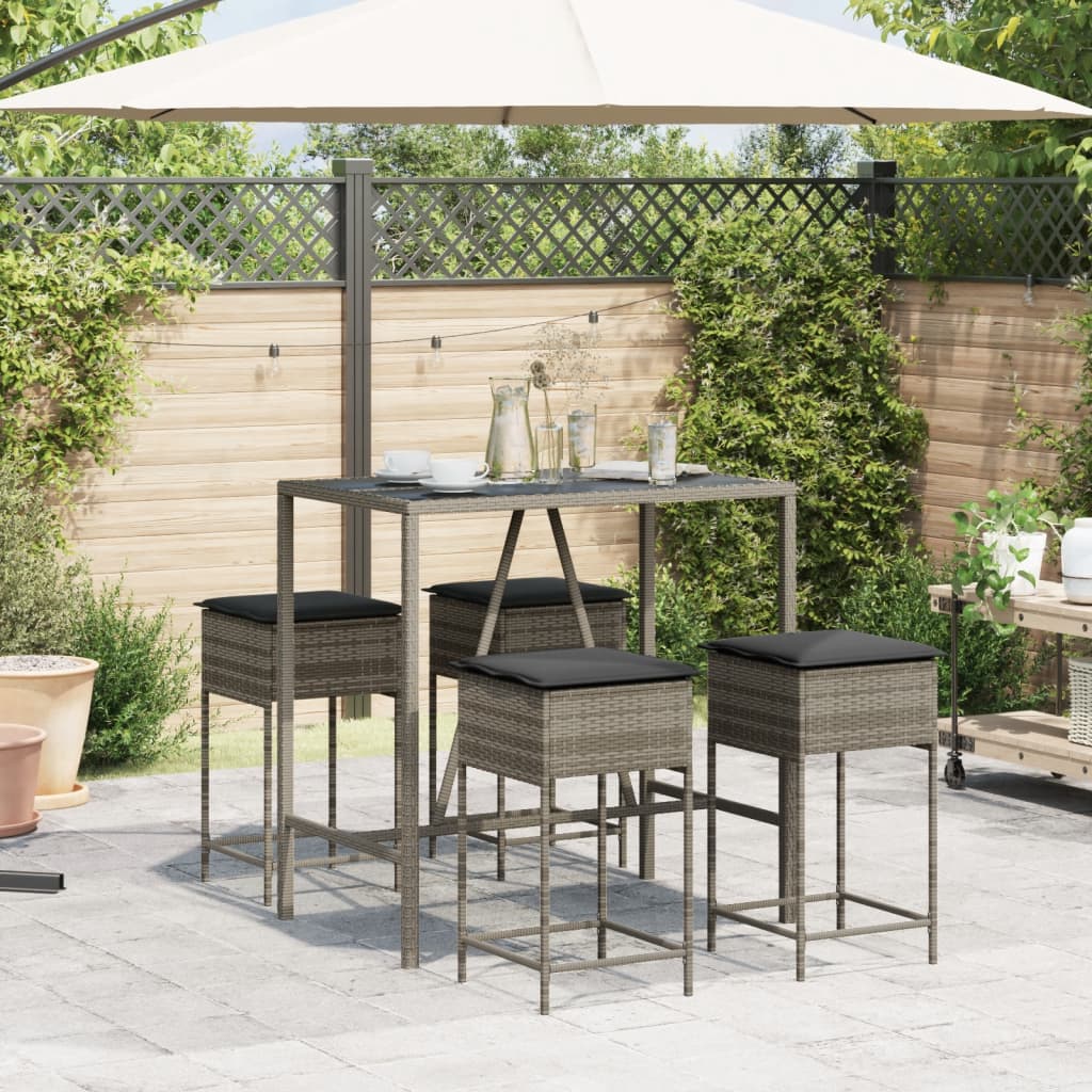 vidaXL Set mobilier bar de grădină, cu perne, 5 piese, gri, poliratan