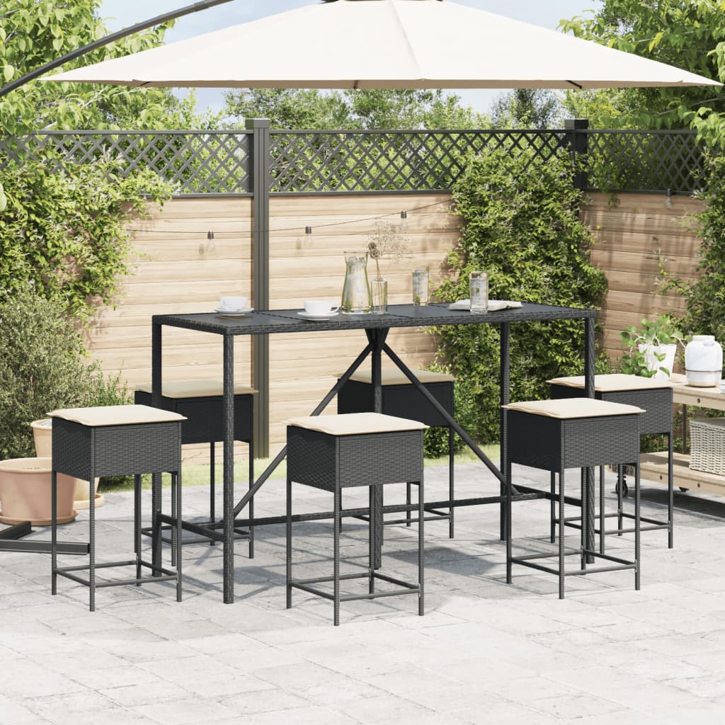 vidaXL 7-delige Tuinbarset met kussens poly rattan zwart afbeelding