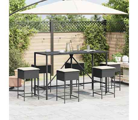 vidaXL 7-tlg. Gartenbar-Set mit Kissen Schwarz Poly Rattan
