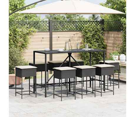 vidaXL 9-tlg. Gartenbar-Set mit Kissen Schwarz Poly Rattan