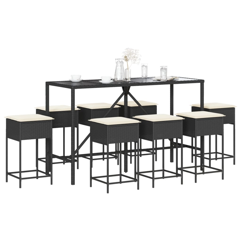 vidaXL Set mobilier bar de grădină cu perne, 9 piese, negru, poliratan