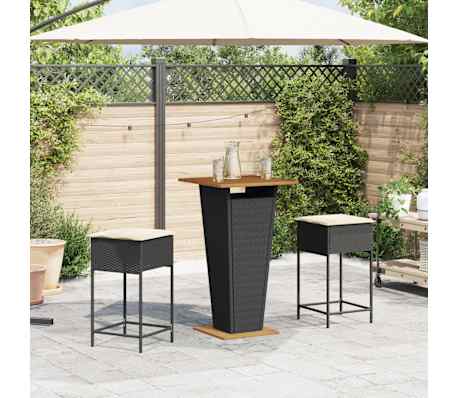 vidaXL 3-tlg. Gartenbar-Set mit Kissen Schwarz Poly Rattan