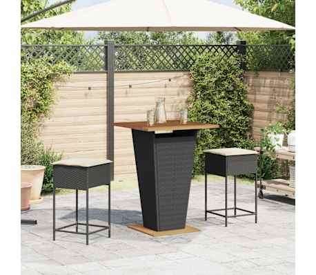vidaXL 3-delige Tuinbarset met kussens poly rattan zwart