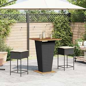 vidaXL 3-delige Tuinbarset met kussens poly rattan zwart