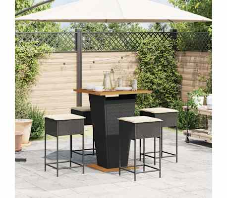 vidaXL 5-delige Tuinbarset met kussens poly rattan zwart