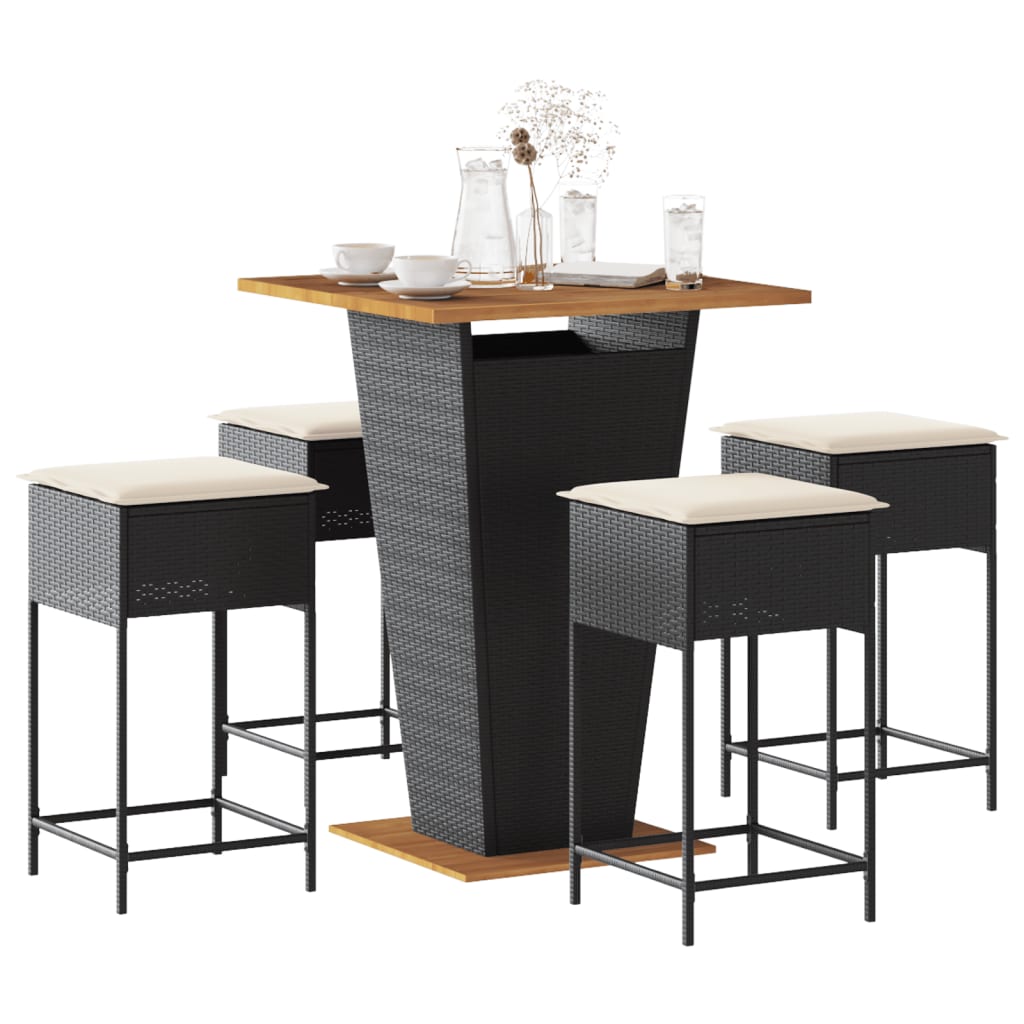 vidaXL Set mobilier bar de grădină cu perne, 5 piese, negru, poliratan