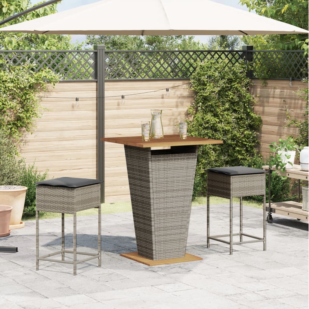 vidaXL 3-delige Tuinbarset met kussens poly rattan grijs afbeelding