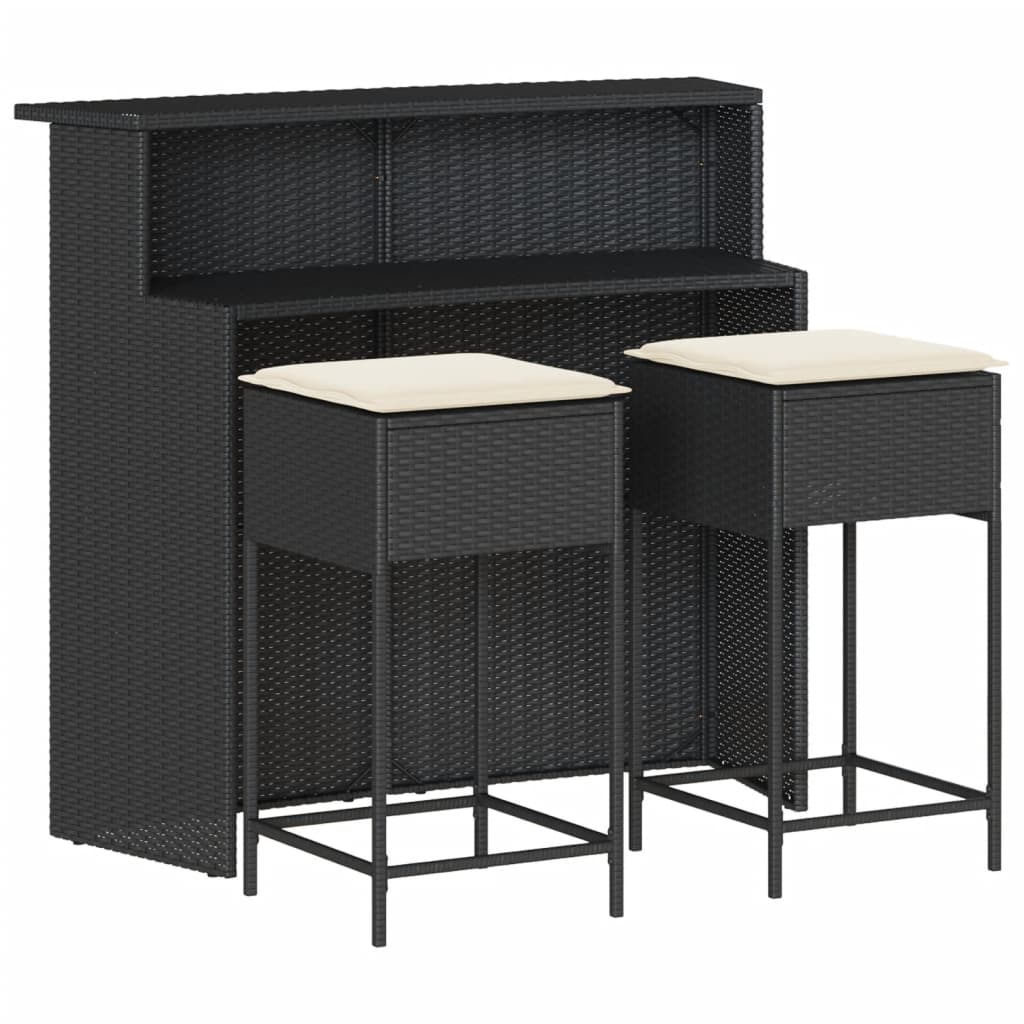 vidaXL Set mobilier bar de grădină cu perne, 3 piese, negru, poliratan