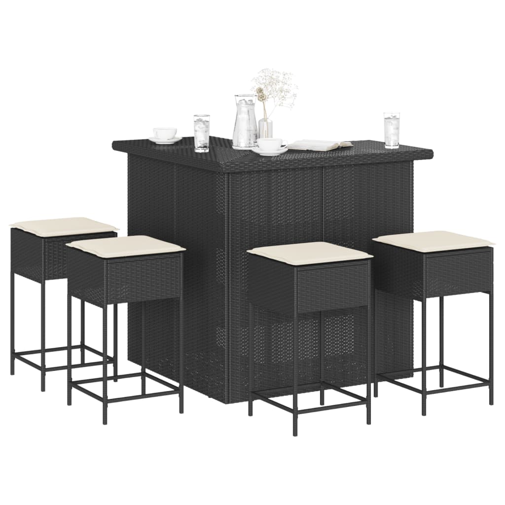 vidaXL Set mobilier bar de grădină cu perne, 5 piese, negru, poliratan