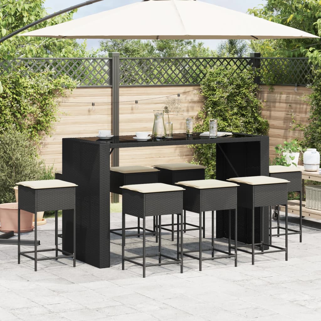 vidaXL 9-delige Tuinbarset met kussens poly rattan zwart afbeelding