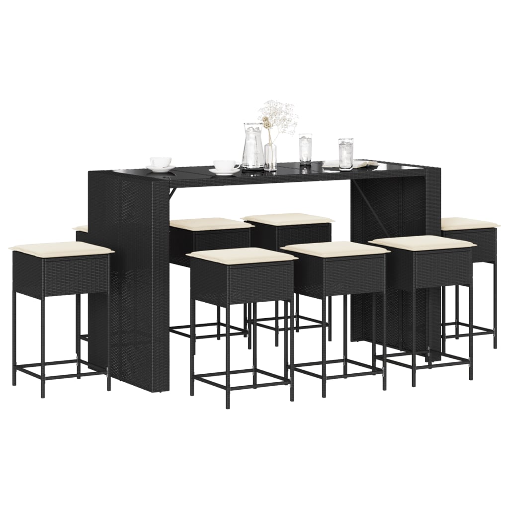 vidaXL Set mobilier bar de grădină cu perne, 9 piese, negru, poliratan