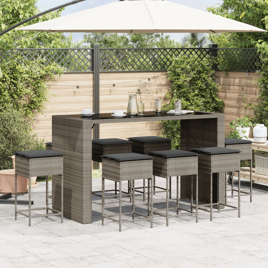 vidaXL 9-delige Tuinbarset met kussens poly rattan grijs afbeelding