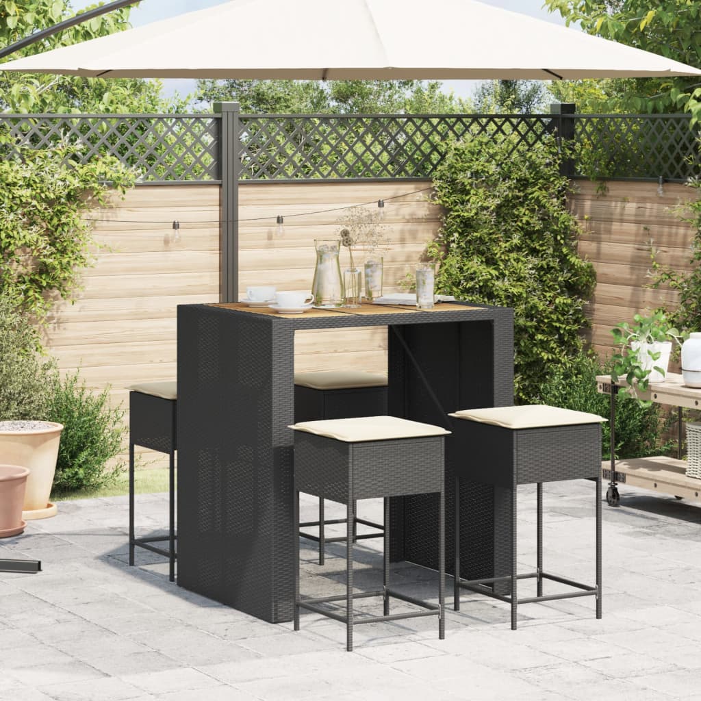 vidaXL 5-delige Tuinbarset met kussens poly rattan zwart afbeelding
