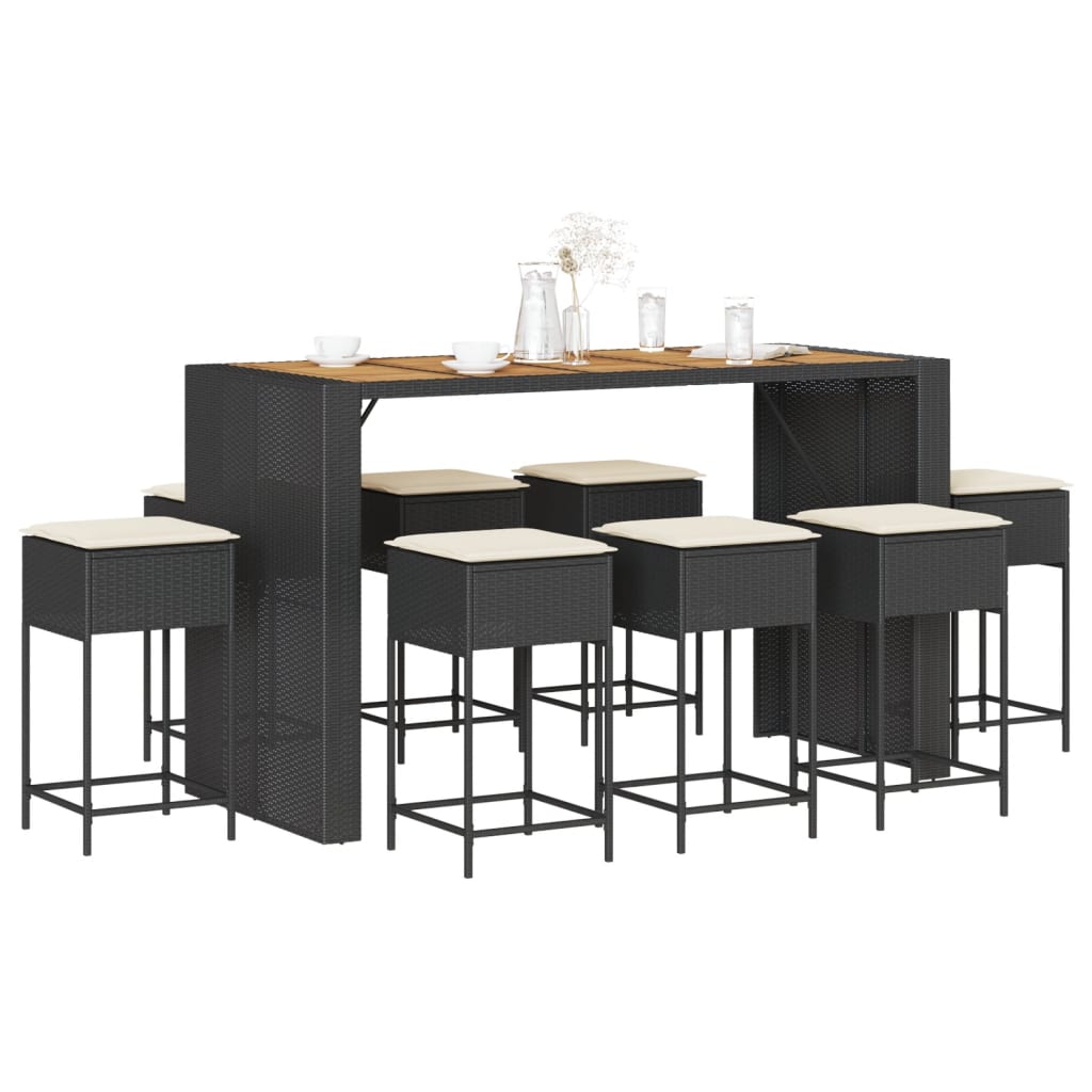 vidaXL Set mobilier bar de grădină cu perne, 9 piese, negru, poliratan