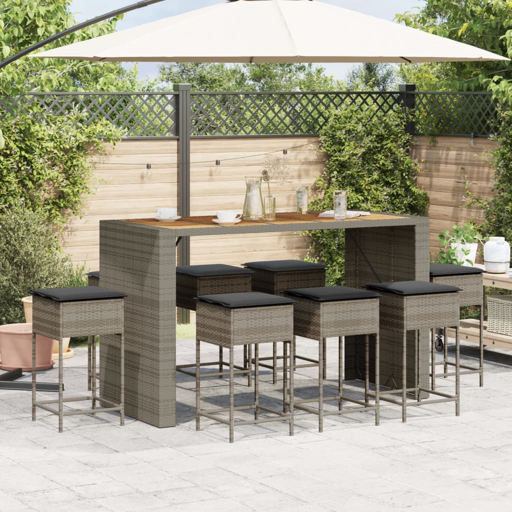 vidaXL 9-delige Tuinbarset met kussens poly rattan grijs afbeelding
