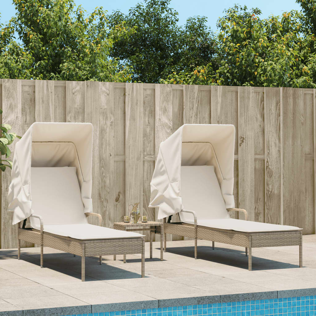 vidaXL Sonnenliegen 2 Stk. mit Dach und Tisch Beige Poly Rattan