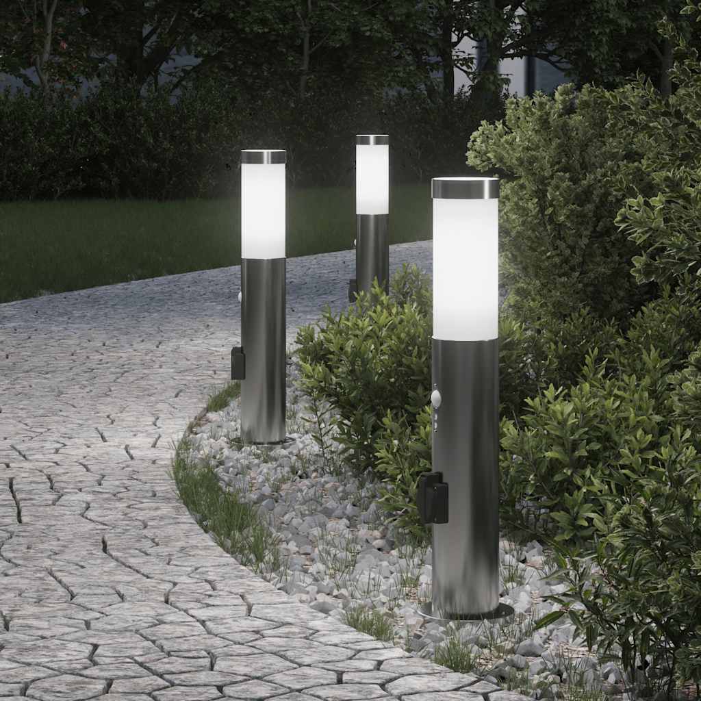 vidaXL Stâlpi iluminatori cu senzor și priză, 3 buc., 50 cm, oțel inoxidabil, IP44