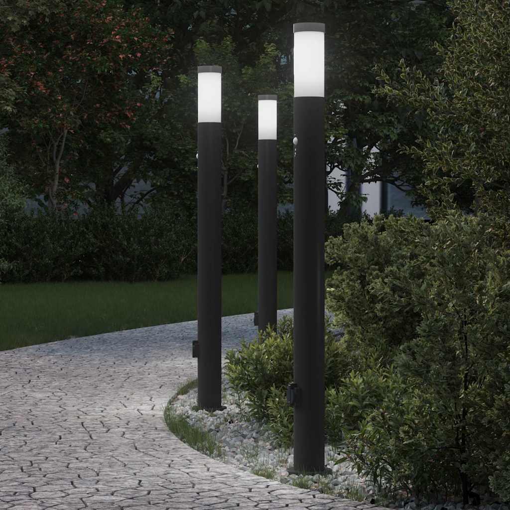 vidaXL Stâlpi iluminatori cu senzor și priză, 3 buc., 110 cm, oțel inoxidabil, IP44