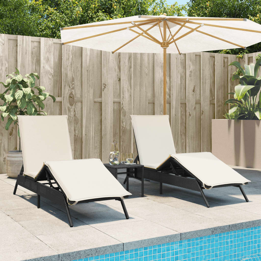 vidaXL Sun Loungers with Cushions 2 pcs Black Poly Rattan