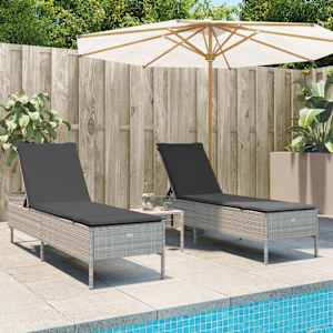 Ležalnik 2 kosa z blazinami siv poli ratan