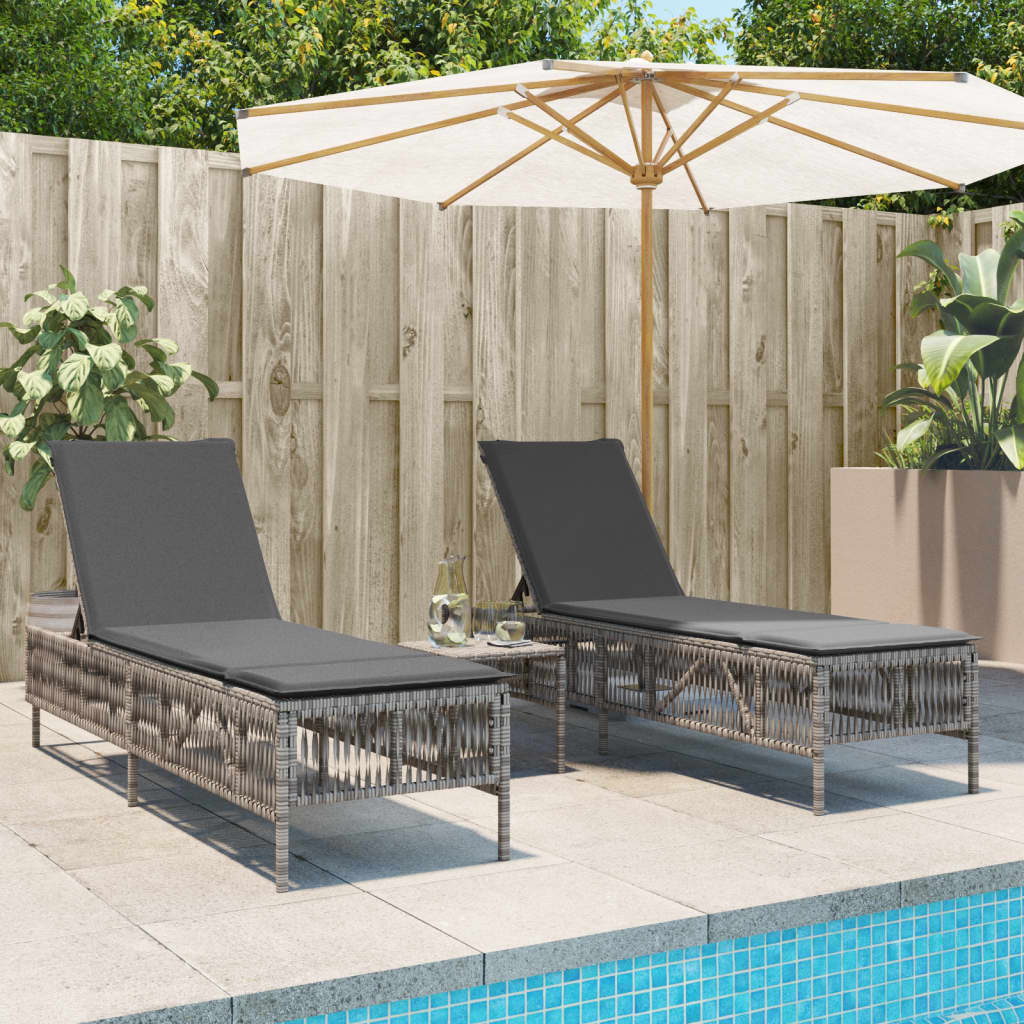 vidaXL Sun Loungers with Cushions 2 pcs Grey Poly Rattan