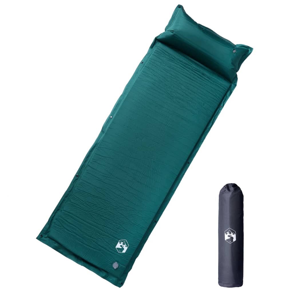 vidaXL Saltea camping auto-gonflabilă, cu pernă, 1 persoană, verde