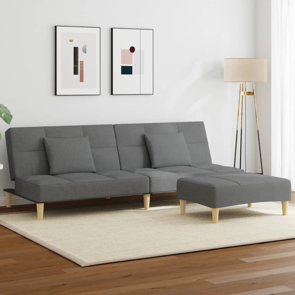 vidaXL Canapea extensibilă cu taburet, 2 locuri, gri închis, textil