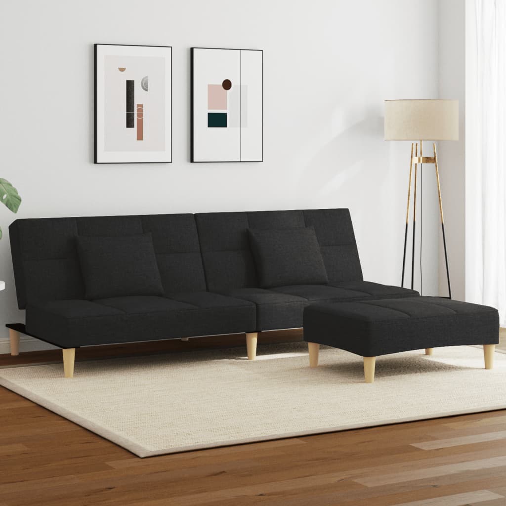 vidaXL Canapea extensibilă cu taburet, 2 locuri, negru, textil