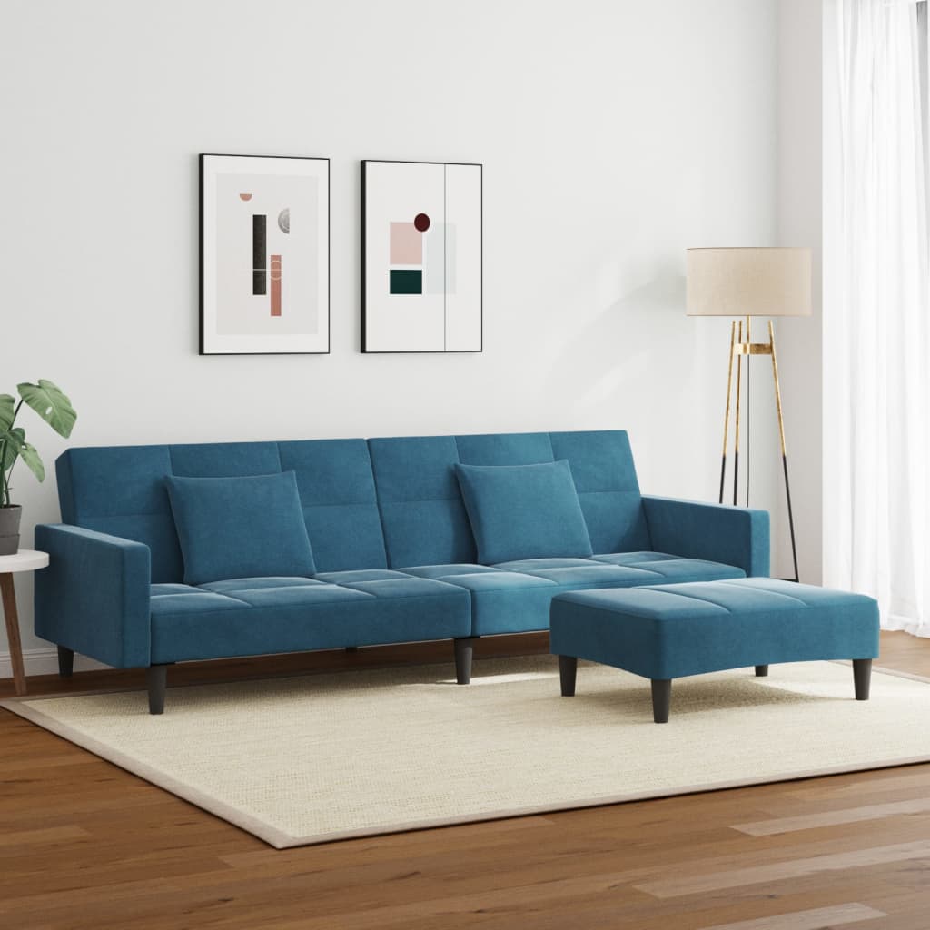 vidaXL Slaapbank 2-zits met voetenbank fluweel blauw
