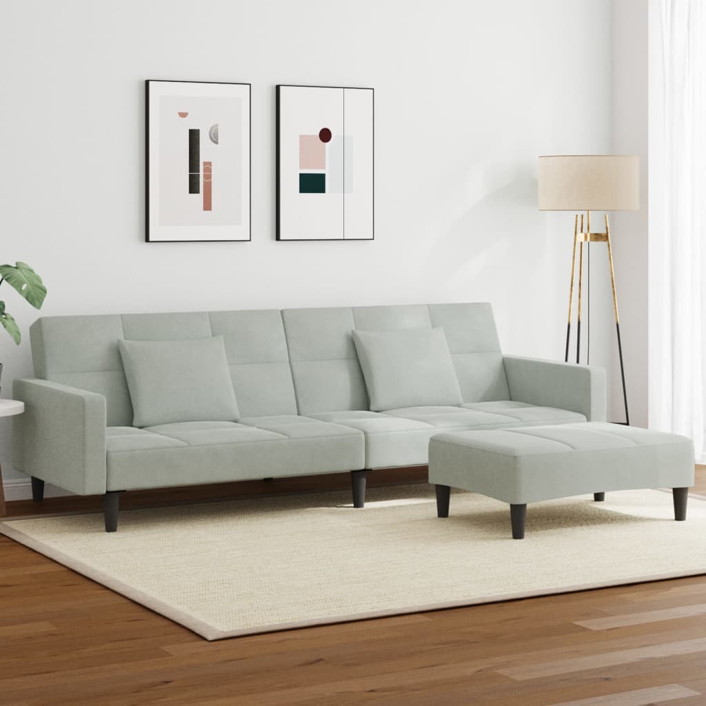 vidaXL Canapea extensibilă cu taburet, 2 locuri, gri deschis, catifea