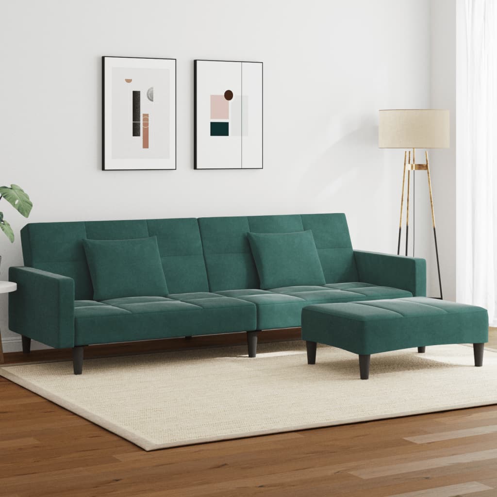 vidaXL Canapea extensibilă cu taburet, 2 locuri, verde închis, catifea
