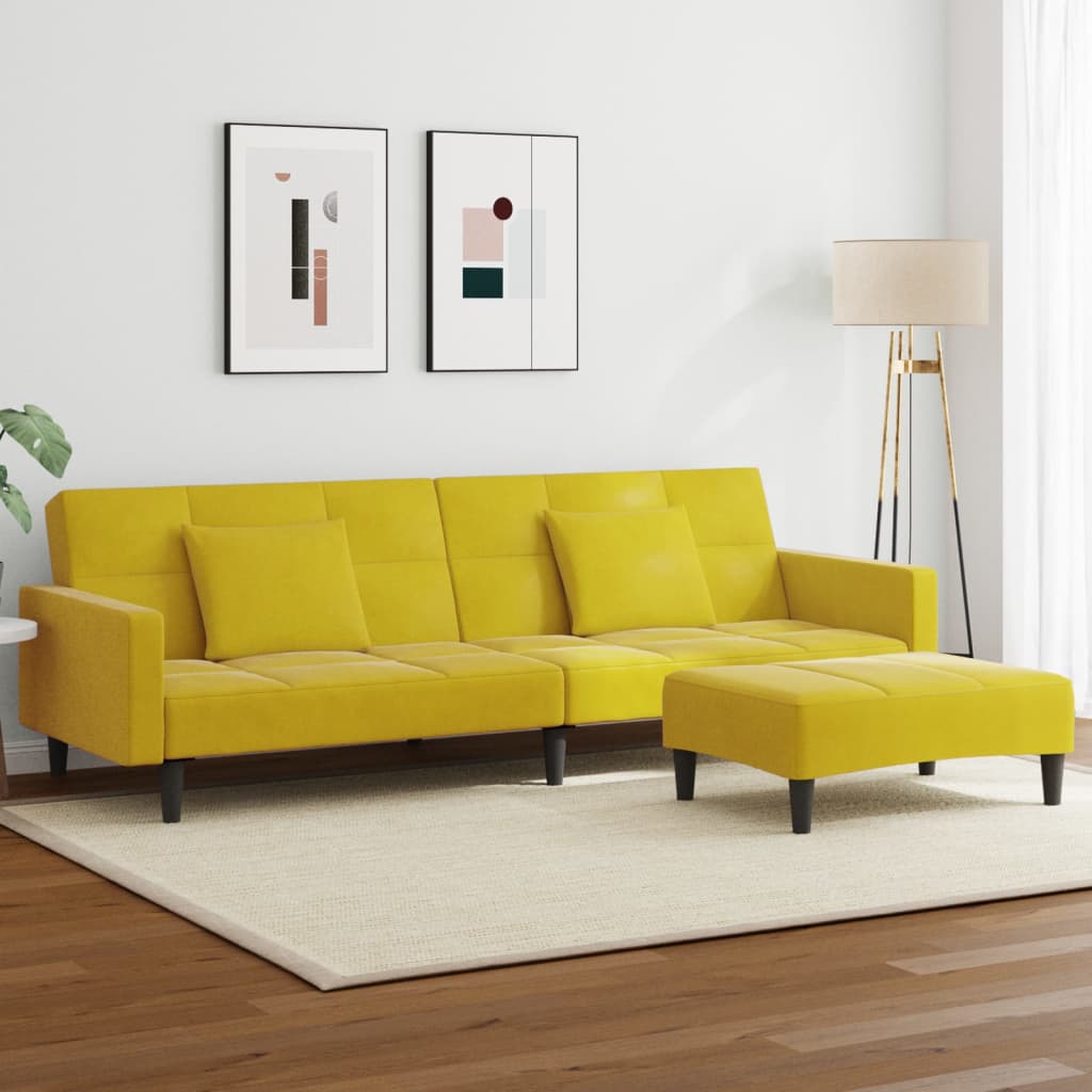 vidaXL Canapea extensibilă cu taburet, 2 locuri, galben, catifea