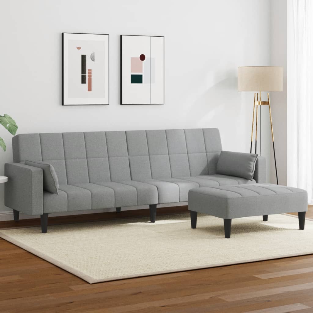 vidaXL Canapea extensibilă cu taburet, 2 locuri, gri deschis, textil