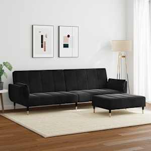 2místná rozkládací pohovka s podnožkou černá samet - obrázek 3