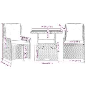 3dílný bistro set s poduškami černý polyratan - obrázek 9