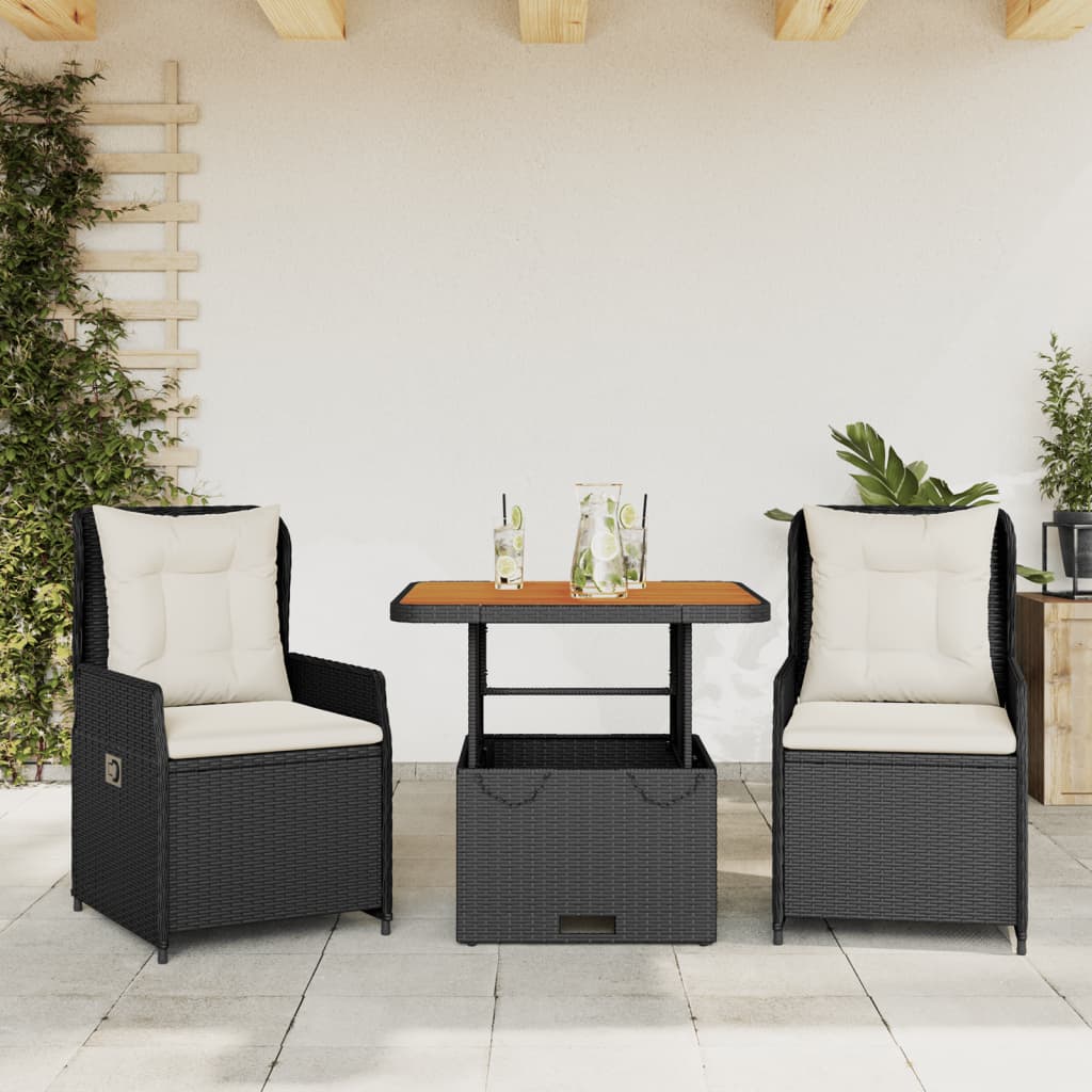 vidaXL Set bistro cu perne, 3 piese, negru, poliratan