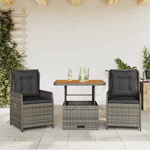 3dílný bistro set s poduškami šedý polyratan - obrázek 1